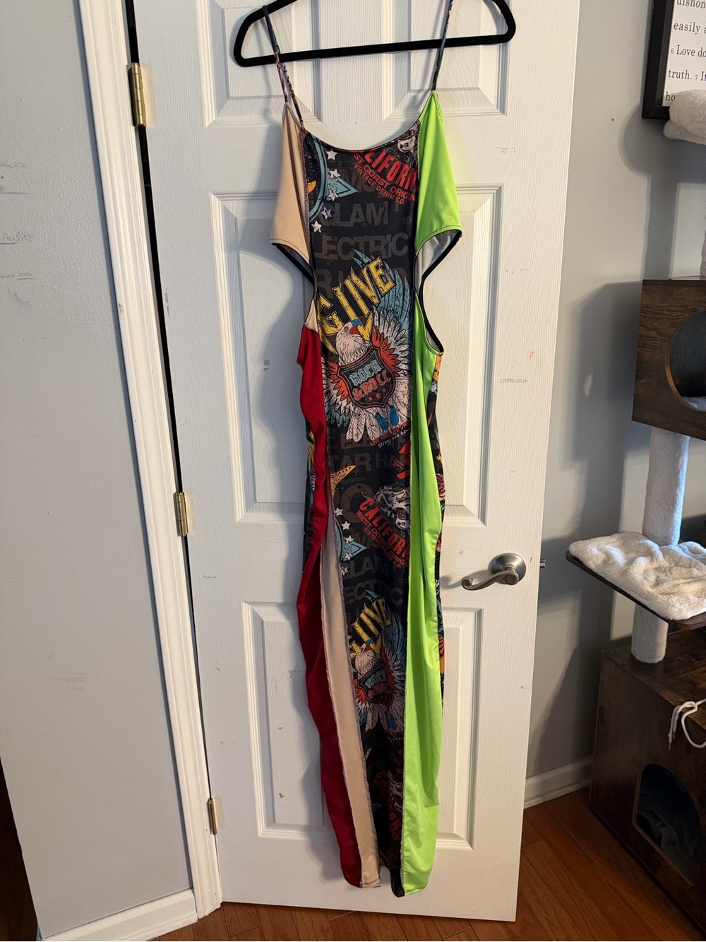 Fashion Nova Neon Green, Red & Cream Patchwork Graphic Maxi Dress